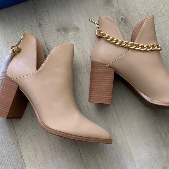 Cut Out Ankle Boots Gold Chain Chunky‎ Heel Zipper Almond Toe Western Boots - Picture 7 of 16